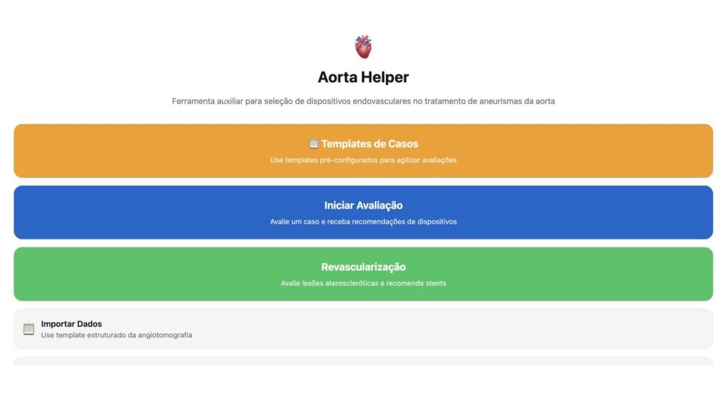 Menu principal do RM AortaHelper com as opções Templates de Casos, Iniciar Avaliação, Revascularização e Importar Dados