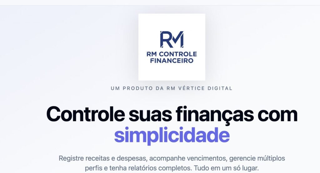 Página inicial do RM Controle Financeiro, aplicativo de finanças pessoais e familiares