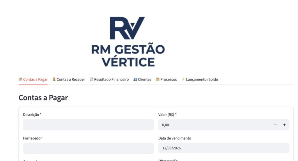 Tela de contas a pagar do RM Gestão Vértice