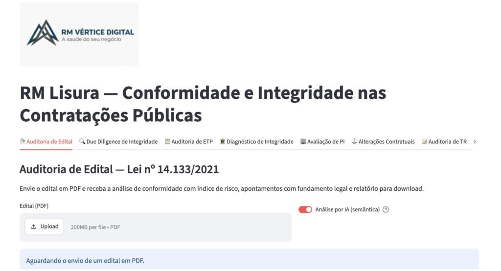 Tela do RM Lisura mostrando a auditoria de edital com base na Lei 14.133/2021