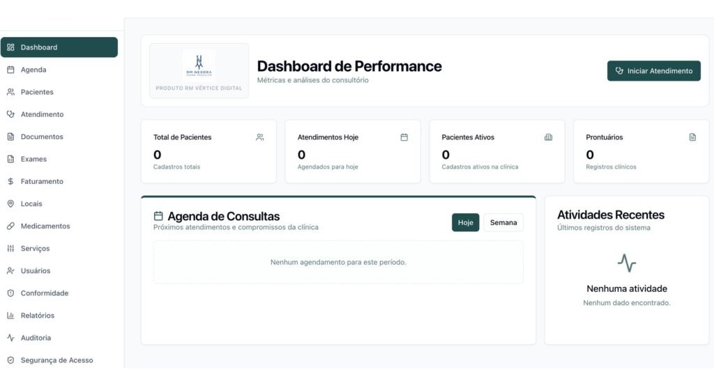 Painel do RM Nexora Saúde Vascular com métricas do consultório e agenda de consultas