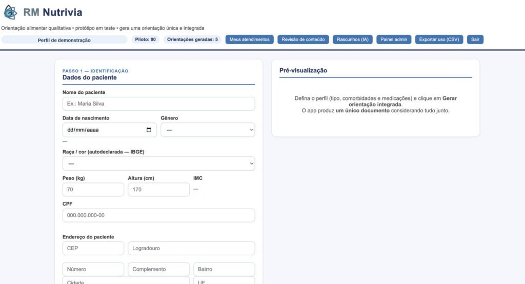 Tela do RM Nutrivia com os dados do paciente e a pré-visualização da orientação