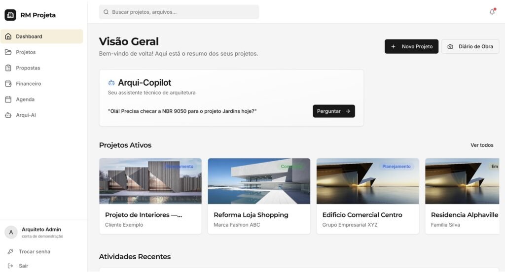 Painel do RM Projeta com projetos de arquitetura ativos e o assistente Arqui-Copilot
